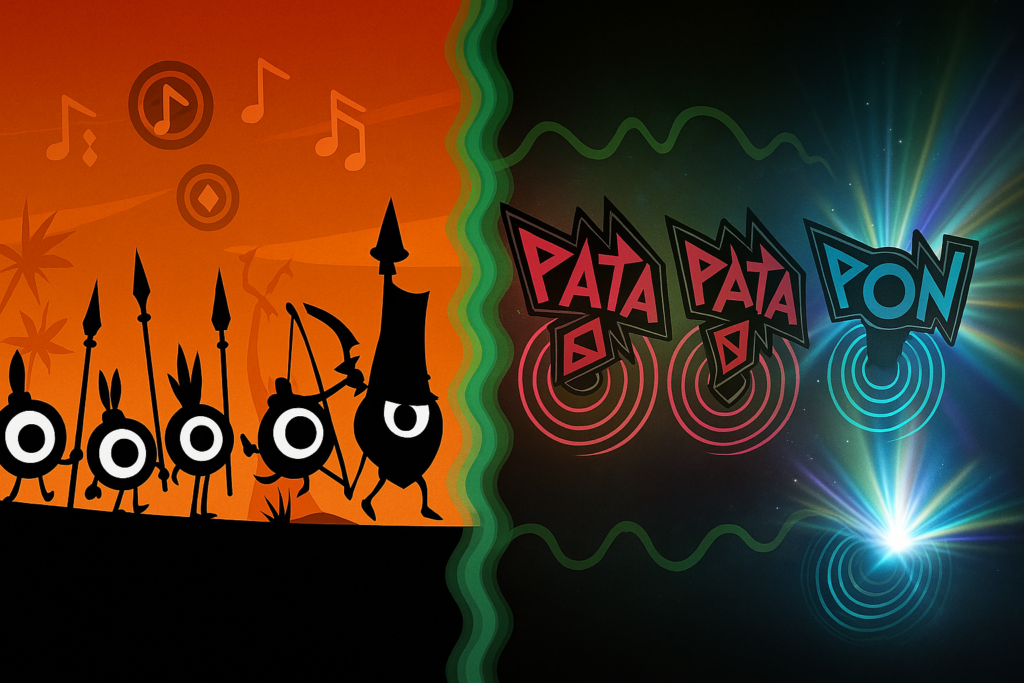 Ein dynamisch komponiertes Split-Screen-Bild des Patapon-Remasters: Die linke Seite zeigt das charakteristische schwarze Silhouetten-Design der Patapon-Krieger vor einem leuchtend orange-roten Hintergrund, ihre ikonischen, großen Augen in strahlendem Weiß. Rhythmus-Symbole pulsieren im Takt über ihnen. Die rechte Seite präsentiert das modernisierte Benutzerinterface mit den vier Trommelkommandos (PATA-PATA-PATA-PON) in 3D-Optik, die beim Betätigen schillernde Lichtwellen aussenden. Der Übergang zwischen den Bildschirmhälften wird durch stilisierte Schallwellen in Gameforest-Grün gestaltet, die die rhythmische Natur des Spiels unterstreichen. Feine Details wie verbesserte Partikeleffekte und HD-Texturen verdeutlichen den Remaster-Charakter, während die charakteristische visuelle Identität des Originals beibehalten wird