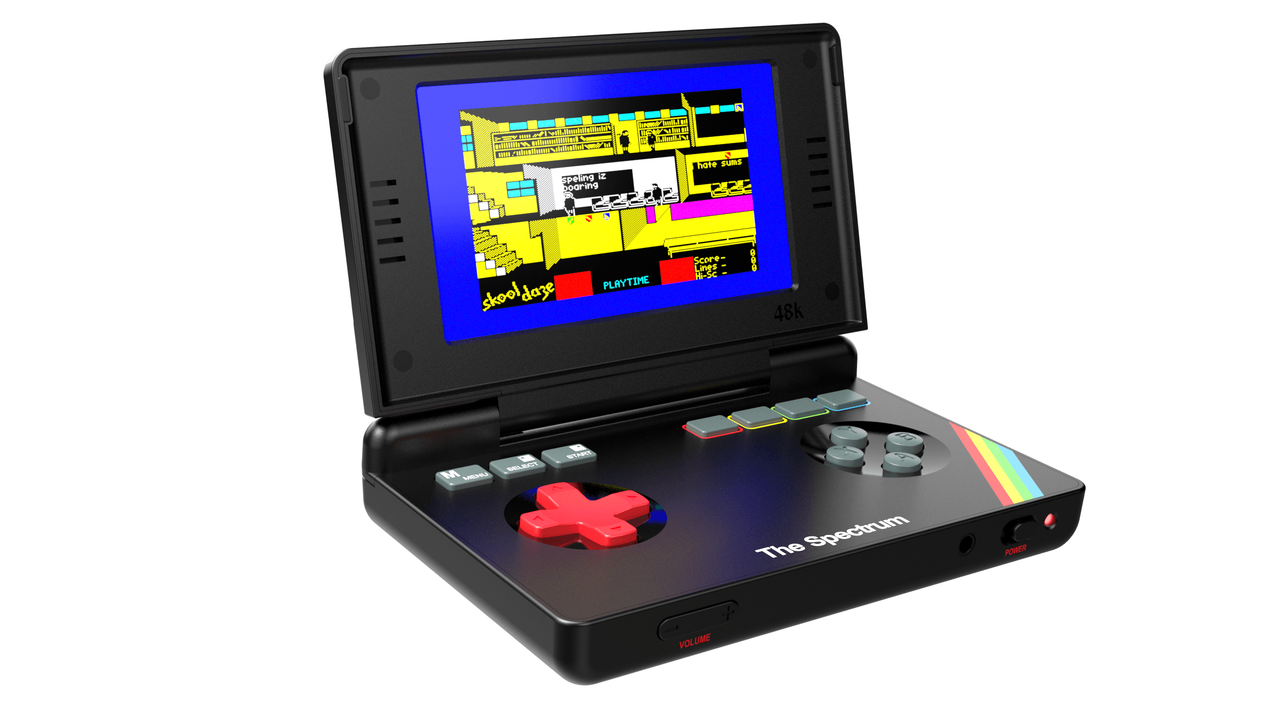 THEC64 und Spectrum Handheld verschoben – Release erst im April 2027 1 The Spectrum Handheld – offizieller Produkt-Render des aufgeklappten Retro-Handhelds