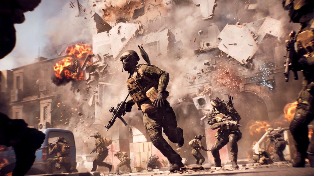 Soldaten in Battlefield 6 vor einem explodierenden Gebäude