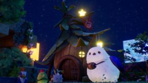 Bloomwalker – Screenshot mit Higgledies vor einem kleinen Haus bei Nacht
