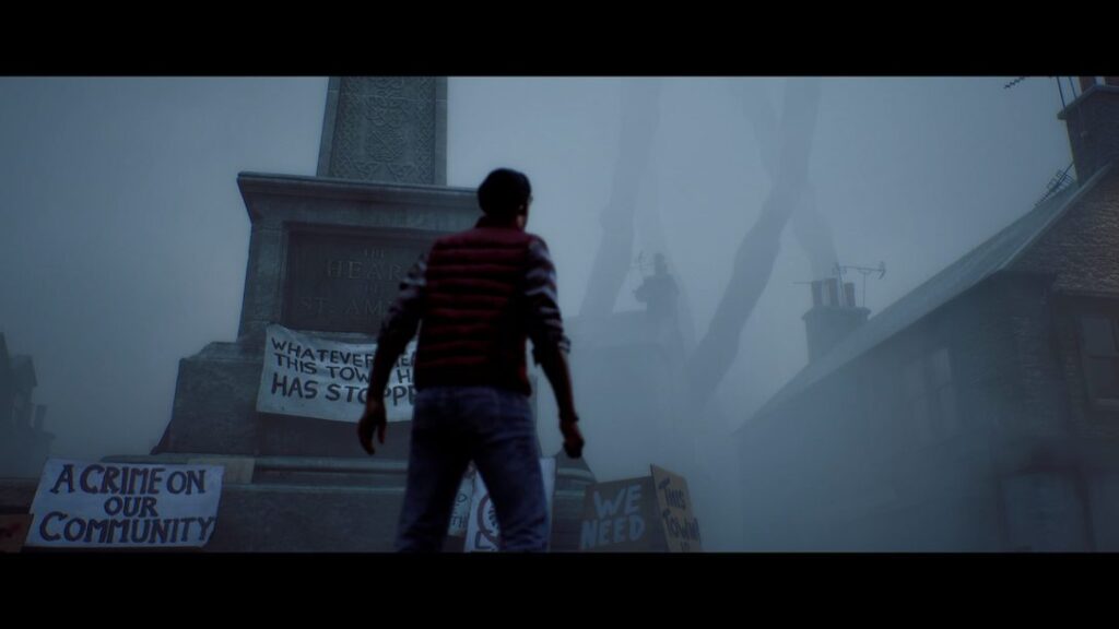 Simon Ordell steht im nebligen St. Amelia in SILENT HILL: Townfall.