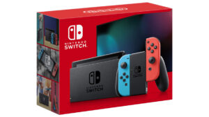 Nintendo Switch mit neonblauem und neonrotem Joy-Con