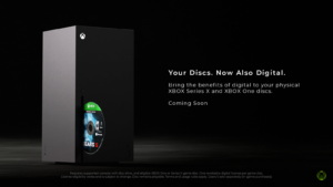 Xbox Series X mit Disc und Hinweis auf das Disc-to-Digital-Programm