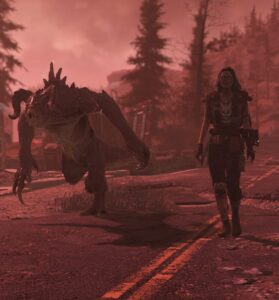 Fallout 76 World Pets: Spieler mit Deathclaw-Begleiter auf einer Straße