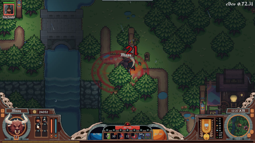 Dimraeth: Kampf in einer Pixel-Fantasywelt mit roter Flächenattacke am Fluss