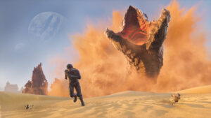 Dune: Awakening – Spieler flieht auf Arrakis vor einem Sandwurm