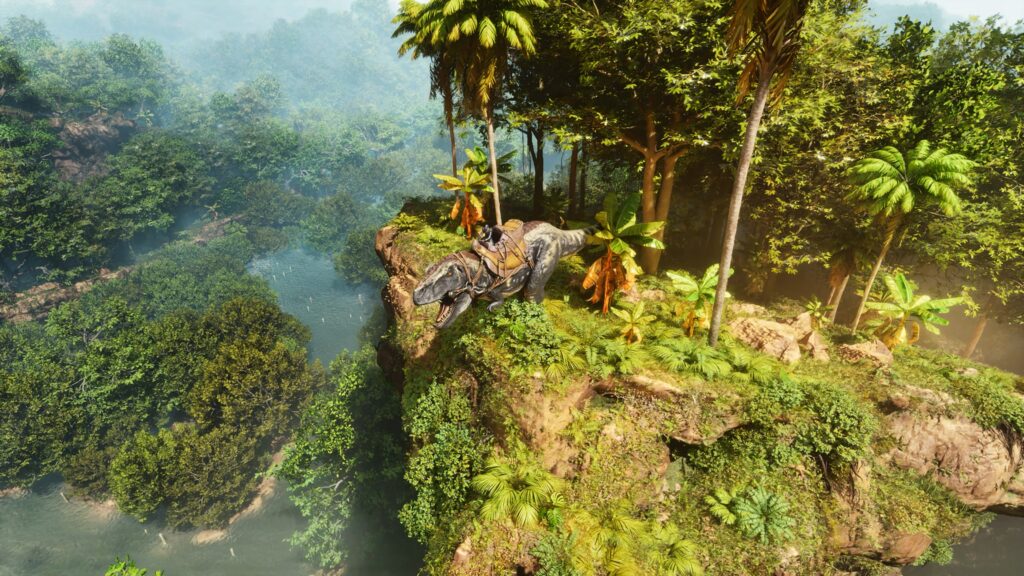 ARK: Survival Ascended – gezähmter T-Rex über einer Dschungellandschaft