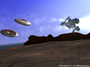 Xevious 3D/G – Solvalou über einer 3D-Landschaft im originalen Arcade-Spiel