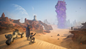 Dune: Awakening – Spieler erkunden Arrakis mit Fahrzeug und Sandsturm im Hintergrund