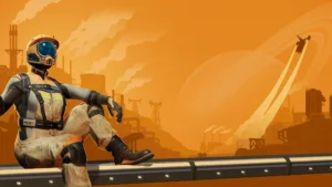 Satisfactory – offizielles Artwork mit FICSIT-Pionier und Fabrikanlage