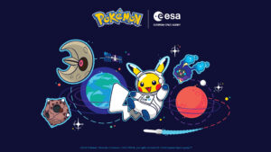Pokémon x ESA – Astronaut Pikachu vor Erde, Mond und Mars