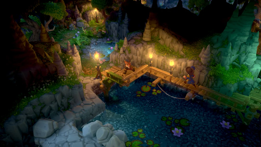 Luma Island – offizieller Gameplay-Screenshot mit zwei Figuren an einer Brücke in der Inselwelt