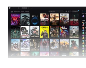 Offizielle Vorschau des neuen Epic Games Launchers mit einer Rasteransicht der Spielebibliothek und Freundesliste.