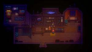 Haunted Chocolatier: offizieller Gameplay-Screenshot aus ConcernedApes Januar-Update 2026 mit einer Figur in einem dunklen Laden.