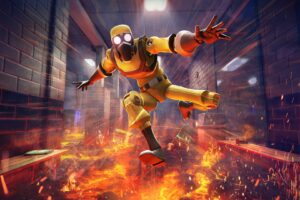 Hot Lava – Spielfigur über einem Lava-Korridor