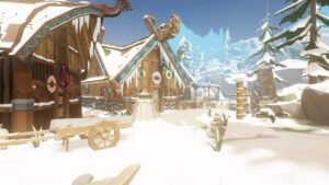 Frostholm Isle – offizieller Nintendo-Screenshot eines verschneiten nordischen Dorfes mit Langhäusern