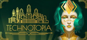 Technotopia – Steam-Schriftzug neben Iris und goldener Skyline