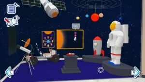Exit Lab Expert Level – offizieller Nintendo-Screenshot des Weltraum-Rätselzimmers mit Satelliten und planetarischen Aufgaben