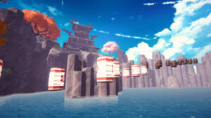 Samurai Obby offizieller Nintendo eShop Screenshot mit Laternen-Parkour über Wasser