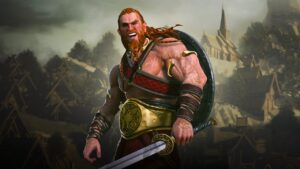 Viking Frontiers – offizielles Xbox-Store-Motiv mit Krieger vor Wikingersiedlung