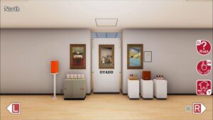 Escape Game The Museum of Memories – Ingame-Screenshot des Museumsraums mit Bilderrätseln, Objektständern und Hinweismenü