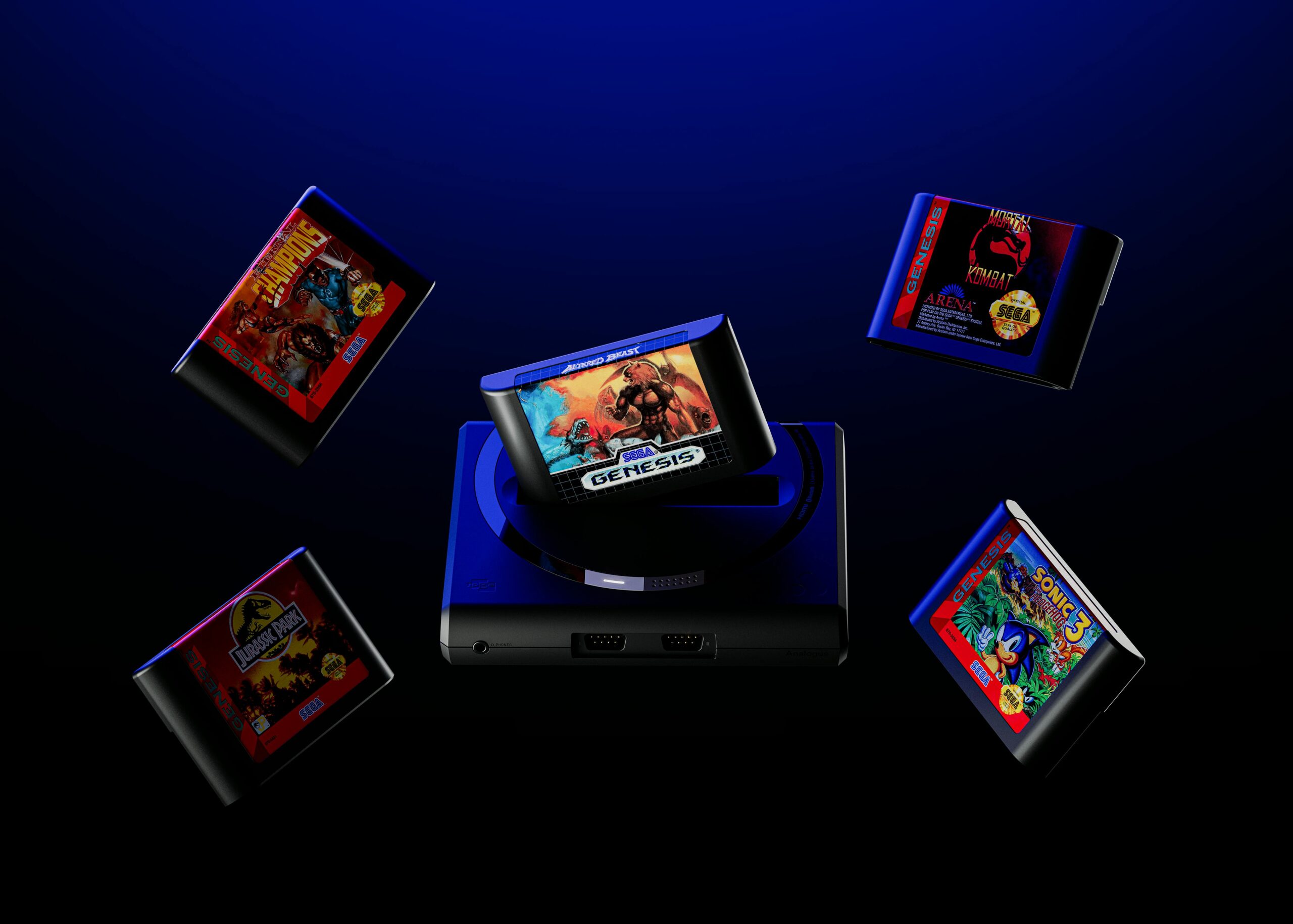 Analogue Super Nt+ und Mega Sg+: Originalmodule statt 4K – das können die neuen Konsolen 1 Der Mega Sg+ mit eingestecktem Sega-Modul und weiteren Genesis- und Mega-Drive-Spielen.