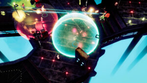 HoverGrease 2 – originaler Steam-Gameplay-Screenshot einer Neon-Arena mit Energiewaffen