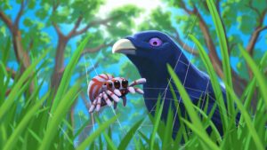 Webbed: kleine Spinne begegnet Laubenvogel im hohen Gras – offizielles PlayStation-Motiv