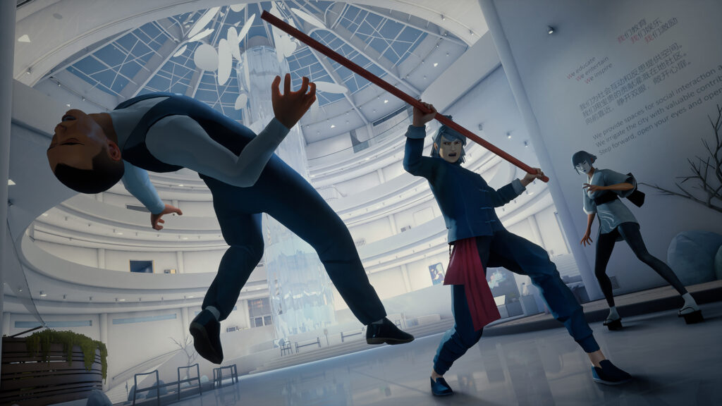 Sifu – Kampf in einem beleuchteten Atrium