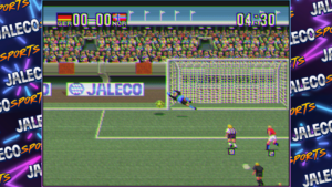 Jaleco Sports Goal! 2 – pixelige Fußballszene mit Schuss auf das Tor und deutschen wie norwegischen Spielerflaggen