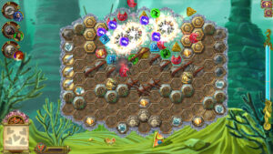 Match-3-Spielfeld mit Hexagonfeldern und magischen Spielsteinen in Heroes of Hellas Origins: Part One