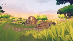 Evergreen Meadow – offizieller Nintendo-Screenshot mit Wasserrad und Holzbrücke in sanften Wiesen