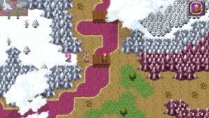 Akuma Rise – offizieller Screenshot mit Pixelhelden im verschneiten Gebirge