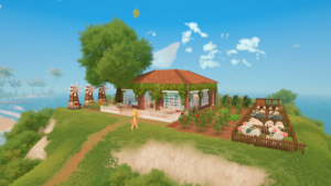Farm to Table – Screenshot mit Restaurant, Gemüsebeeten und Tierhaltung auf der Insel
