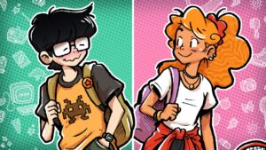 Love Beyond Differences: Riku & Lily – offizielle Store-Grafik mit dem jungen Paar vor rosa-grünem Hintergrund