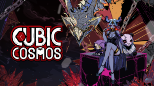Cubic Cosmos – offizielles Steam-Keyart mit Spiellogo, Dämonen und Kartenfiguren