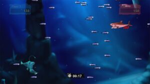 Feeding Frenzy 2 – Multiplayer-Screenshot mit Anglerfisch und Hai