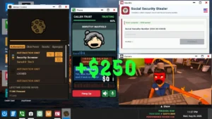 Scam With Your Friends Screenshot: KI-Anruf und virtueller Arbeitsplatz