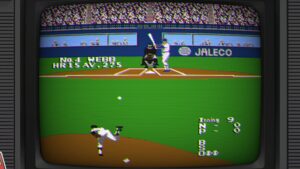 Retrobasiertes Baseballspiel: Pixelspieler am Schlagmal vor Stadion auf CRT-Bildschirm
