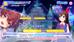 hololive Dreams – offizieller Rhythmusmodus-Screenshot mit Notenleiste und Spielcharakter