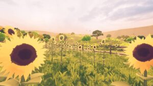 Evergreen Meadow – offizieller Nintendo-Screenshot eines Sonnenblumenfeldes bei warmem Abendlicht