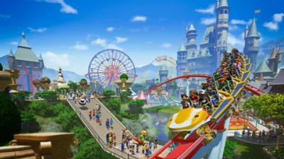 Planet Coaster: Console Edition – offizielles Hero-Art mit Freizeitpark und Achterbahnen