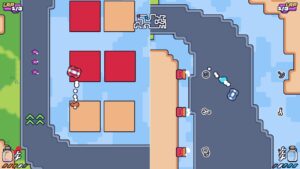Gas Ratio – offizieller Nintendo-Gameplay-Screenshot mit geteiltem Bildschirm, Rennwagen und Power-ups