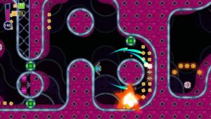 Super Scram Kitty – Spielszene mit Plattform-Action auf Schienen und mutierten Mäusen