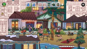 Hidden Cats in Christmas – bunte winterliche Stadtszene mit versteckten Katzen