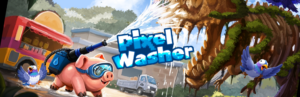 Pixel Washer: offizielles Banner-Artwork mit Pigxel bei der Reinigung