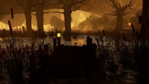 GONE Fishing – offizieller Steam-Hintergrund mit dunklem See und Holzsteg