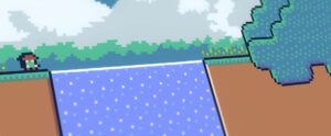 Reventure – pixeliger Held vor Wasserfall in der Fantasy-Welt