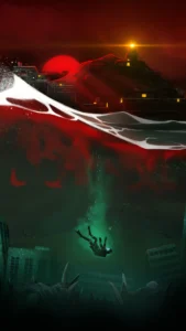 DIVE or DIE: Children of Rain – offizielles Key Art mit untergehender Stadt, schwarzem Regen und Taucher im Abgrund