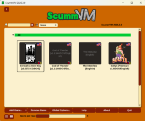 Offizieller ScummVM-Launcher in der Rasteransicht mit eingebundenen Retrospielen; Dokumentationsscreenshot aus Version 2026.3.0.